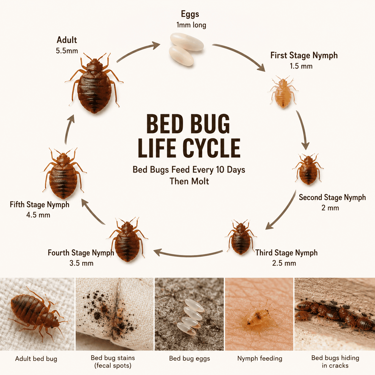 Complete Bed Bug Lifecycle — Egg through 5 nymphal stages to Adult
